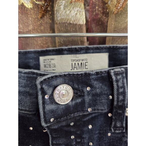 Top Shop Moto Jamie High Rise Skinny Denim Jeans Rhinestone Women Size 28 - Picture 8 of 13